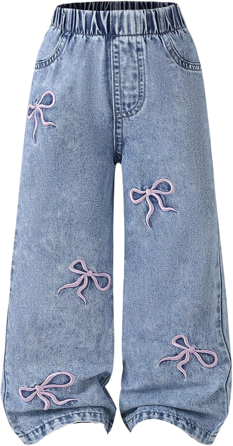 Verdusa Girl's Cute Bow Jeans Elastic High Waisted Straight Leg Casual Denim Pants with Pockets - Image 1
